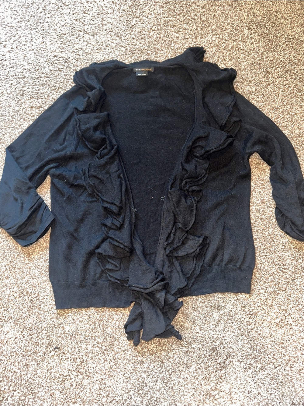 BCBGMaxAzria Black Ruffle-Front Open Cardigan, Size L